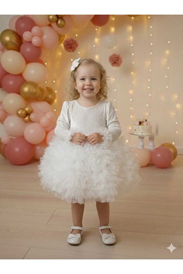 penu baby kids Ekru Kadife Kumaş Uzun Kollu Tütülü Kız Bebek Elbise - Velvet