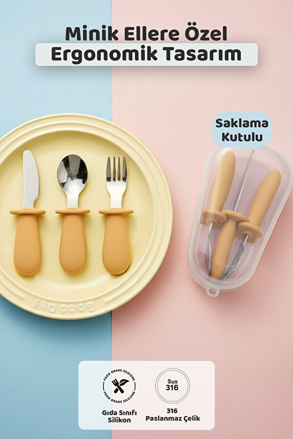 Guqqo Silikon Saplı Bebek Çelik Çatal Kaşık Bıçak Seti, 316L Çelik, BLW, Saklama Kutulu, Turuncu