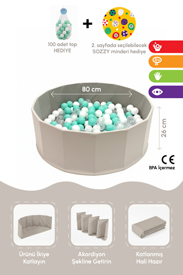 Sozzy Toys 1OO TOPLU Çocuk Top Havuzu – Güvenli Oyun Alanı – Renkli Toplu Bebek Oyun Havuzu - GRİ