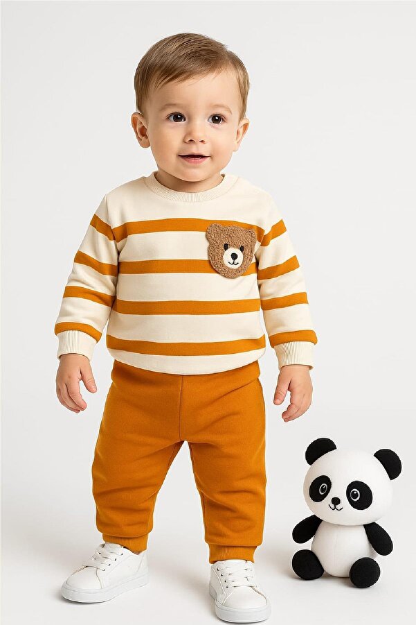 dinamik çocuk Çizgili Punch Ayıcık Omuzdan Çıtçıtlı Bebek Takımı 2li Alt Üst Mevsimlik Aylık 3-6-9-12ay