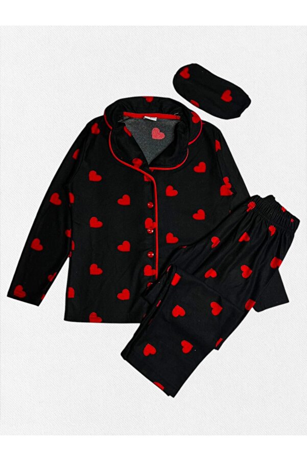 Pajama Shop Anne-Kız Çocuk Pamuklu Kumaş Süet Siyah Renk Kırmızı Kalp Ve Biyeli Gömlek Yaka Düğmeli Pijama
