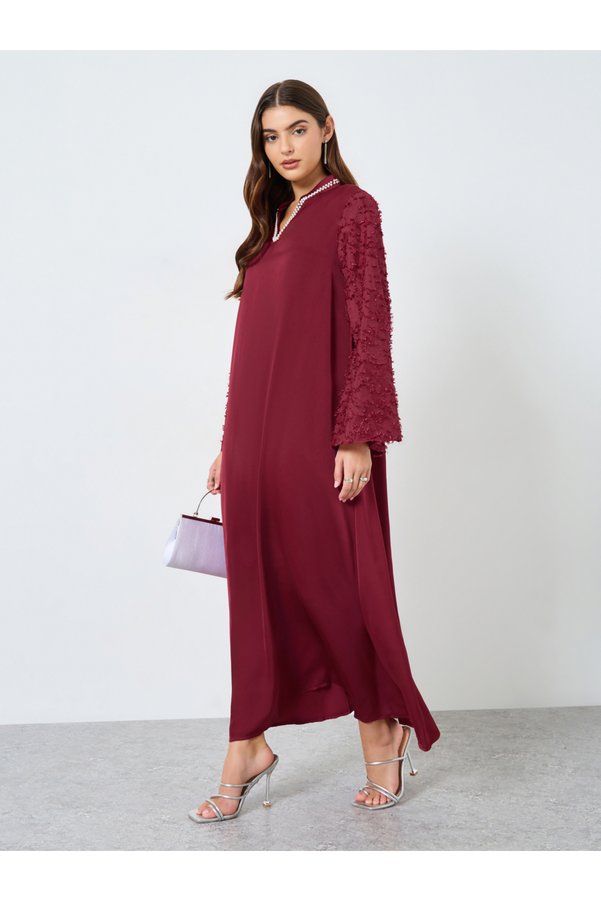 Take Two By Styli Burgundy Faux Pearl Embellished Jalabiya