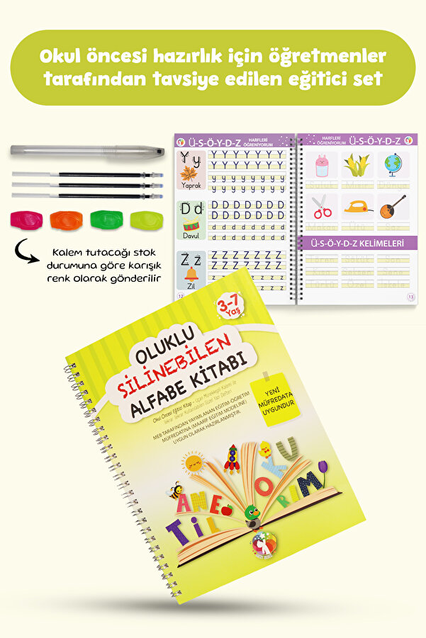MERT BEBEK Oluklu Silinebilen Alfabe Yazı Kitabı – Sihirli Kalemli Kabartmalı Yaz-Sil Okul Öncesi (3–6 Yaş)