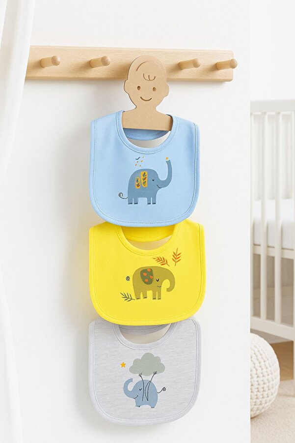 Bebe wini %100 Pamuk Penye Çift Katlı 3'lü Fil Desenli Mama Önlüğü