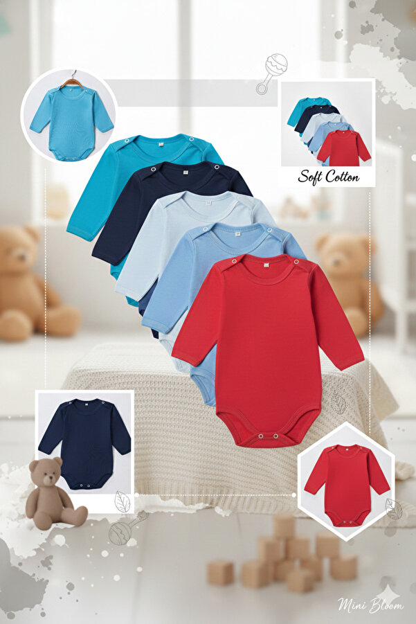 Tontiny %100 Pamuklu Penye Likralı Kumaş Çıtçıtlı Uzun Kol Bebek Badi Zıbın Renkli