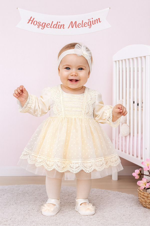 Sitilin Kız Bebek Mevlüt Elbisesi Gelinlik Fransız Dantelli Mevlit Takımı Bebek Mevlütlük Seti STL6838