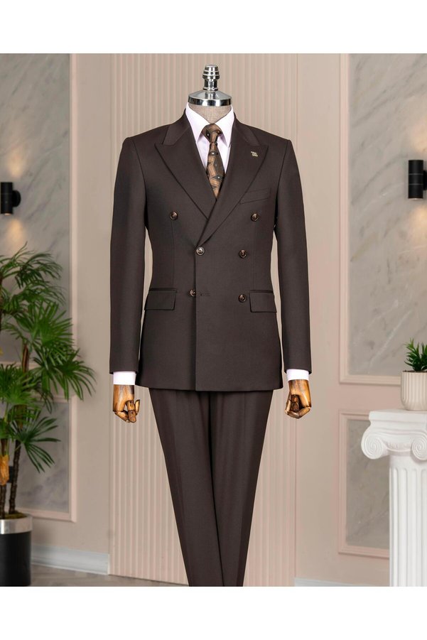 TerziAdemAltun Italian Style S Slim Fit K Double-Breasted Jacket Pants Suit Brown T14857