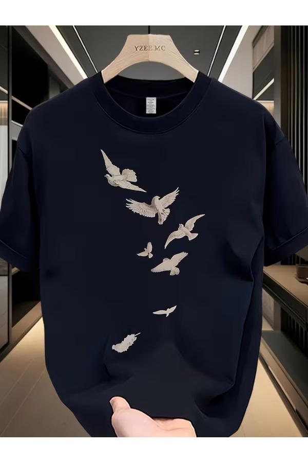 SB BİANCO Minimal Bird Printed Oversized T-Shirt – Black Unisex Streetwear Tshirt