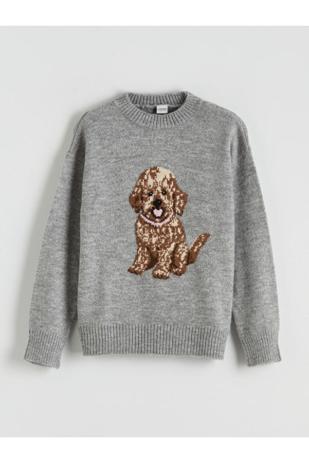 LC Waikiki Gri Bisiklet Yaka Desenli Kız Çocuk Triko Kazak