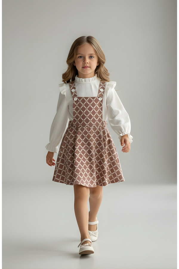 FESSHERA KİDS Kız Çocuk Baklava desen Salopet Jile ve Fitilli Bluz Takım - Fırfırlı 2'li Alt Üst Set