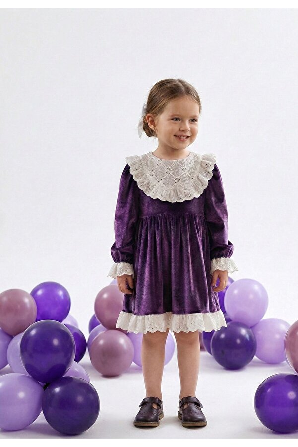 penu baby kids Mor Kadife Yaka Etek Ve Kol Ucu Dantelli Kız Çocuk Kız Bebek Elbise-LİA