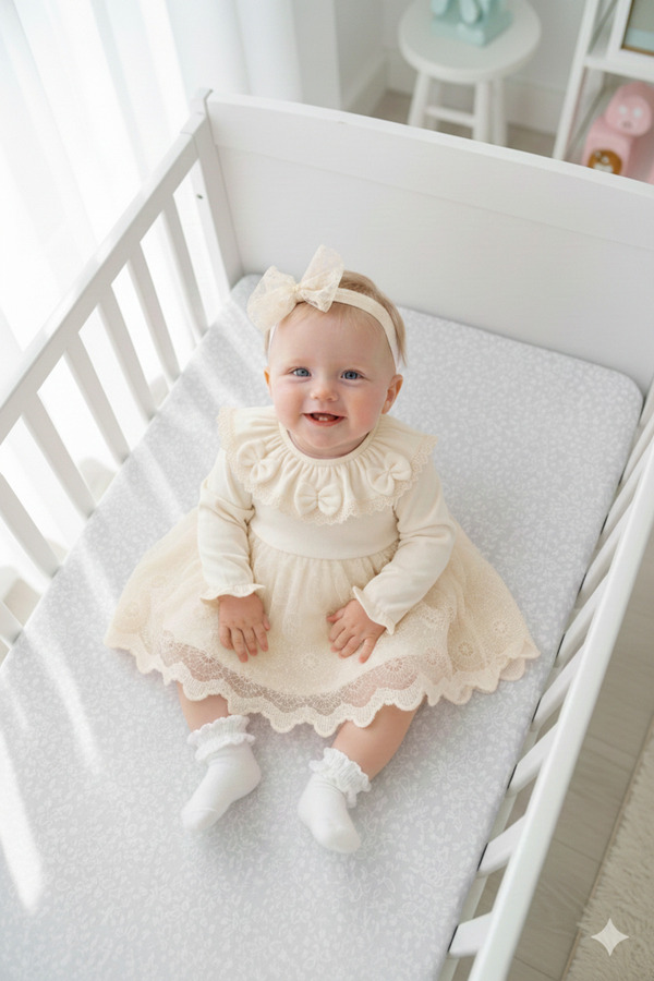 Miniday Baby Kız Bebek Mevlütlük Elbise Bandanalı Dantelli ELB1072