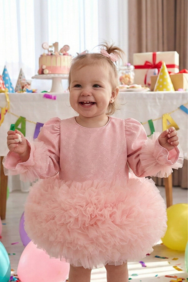 penu baby kids Pembe Pırıltı Kumaş Tütü Etekli Fiyonklu Uzun Kollu Kız Çocuk Kız Bebek Elbise