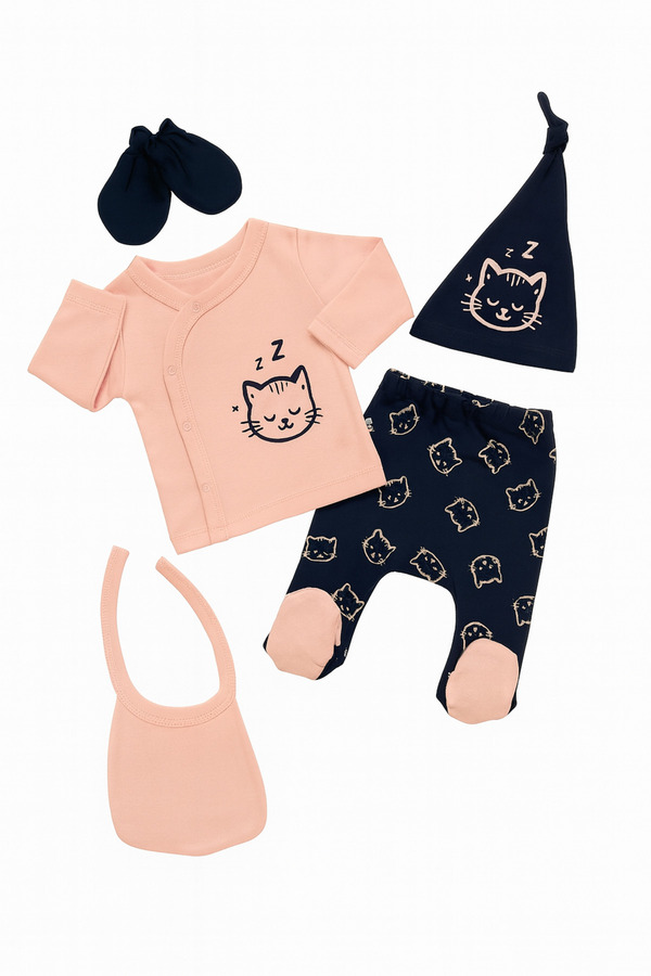 Linda Harris Sleepy Cat Lacivert-Somon 5’li Yenidoğan Bebek Hastane Çıkışı Seti