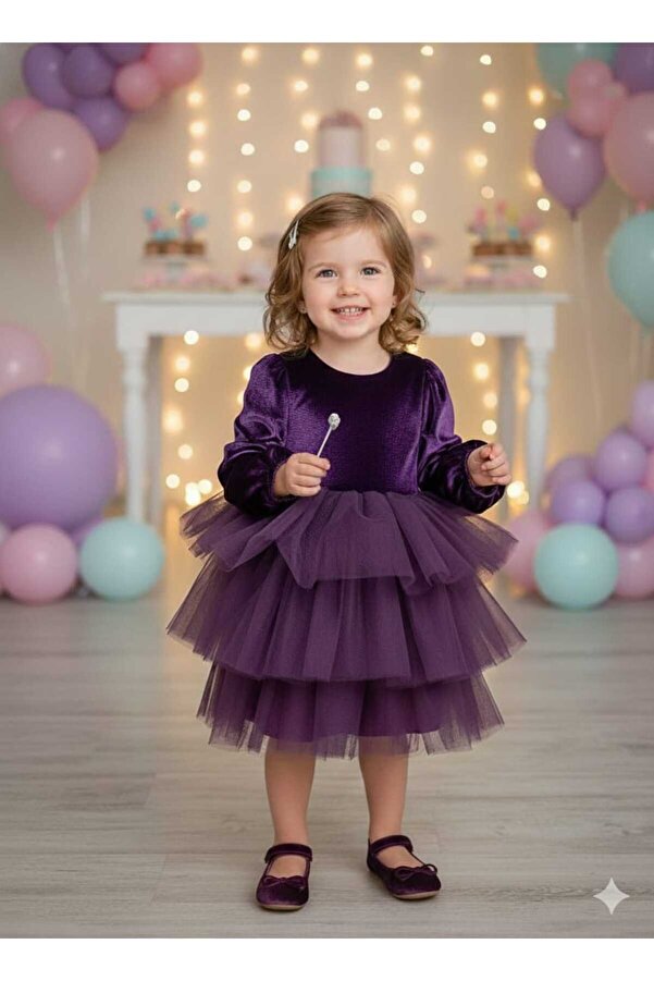 penu baby kids Mor Uzun Kol Kat Etekli Kadife Kız Çocuk Bebek Elbise - Gloria