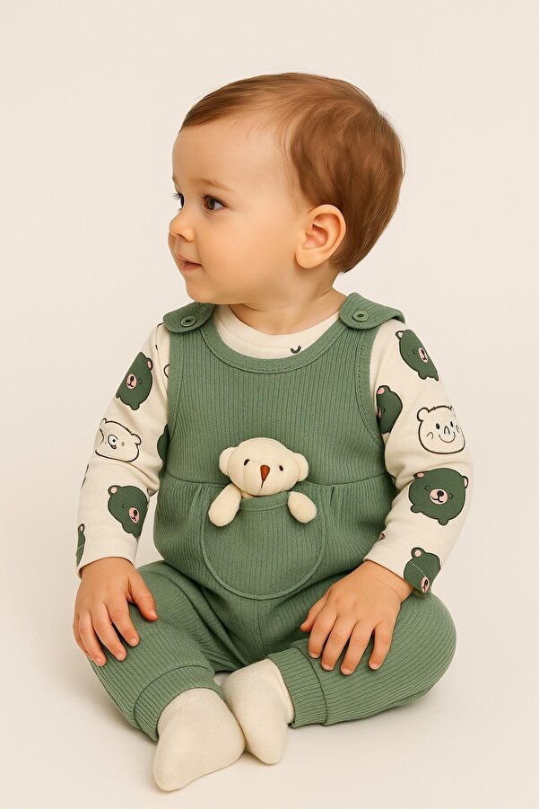 dinamik çocuk Ayı Nakışlı Erkek Bebek Tulum Seti – Zıbın, Tulum | 3-6-9 Ay Bebek Kıyafeti