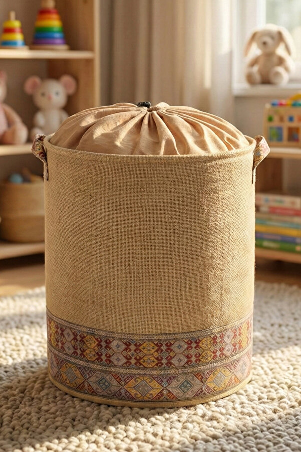 PH Prendi Home Garnili Bohem Tarz Fileli Jüt Sepet - Kıyafet Havlu Kirli Çamaşır Sepeti 37 x 40