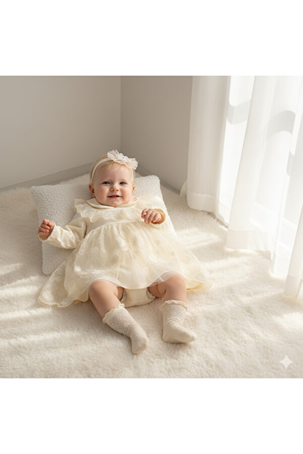 Miniday Baby Kız Bebek Mevlütlük Elbise Bandanalı Dantelli Yeni doğan Hastane çıkışı Gelinlik Abiye Mevlitlik 21