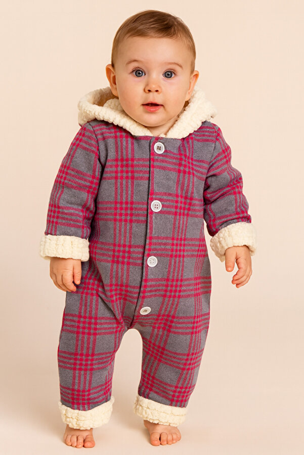 Chicsy Baby Kışlık Tatlı Kareli İçi Peluşlu Kapüşonlu Düğmeli Bebek Tulum