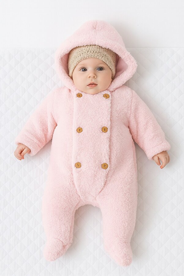 Chicsy Baby Kışlık Tatlı Welsoft Patikli Düğmeli Kulaklı Kapüşonlu Bebek Tulum