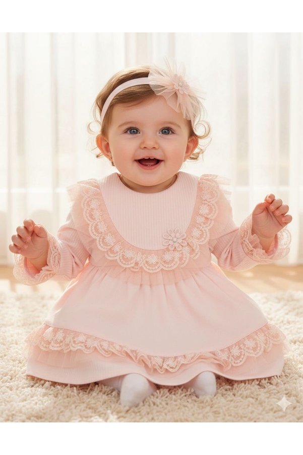 MİNİBORN NEWBORN GIRL LONG SLEEVE SALMON FLORAL RUFFLED DRESS SET