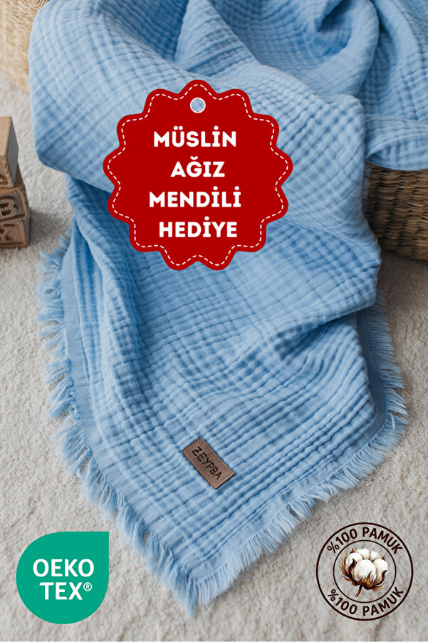 ZEYPBA % 100 Pamuk 4 Katlı Müslin Bebe Mavi (Bebek & Çocuk İçin) 110x110cm