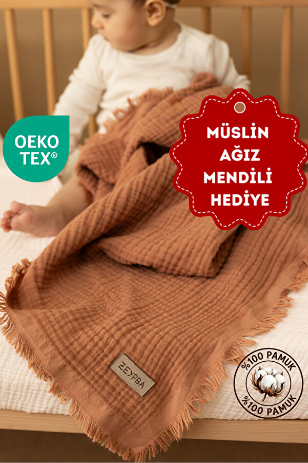 ZEYPBA % 100 Pamuk 4 Katlı Müslin Örtü Mocha Mousse 110x110 cm (Bebek & Çocuk İçin) Püsküllü