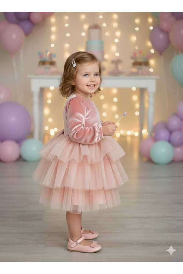 penu baby kids Pembe Kadife Kumaş Eteği Katlı Kız Çocuk Kız Bebek Elbise