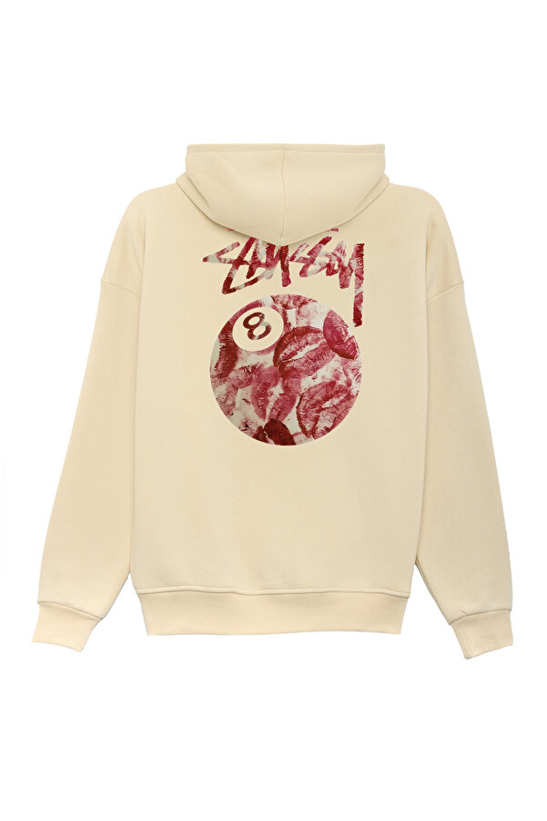Unisex Stüssy Kiss Baskılı Oversize Bol Kesim Pamuklu 3 İplik Şardonlu Bej Kapüşonlu Sweatshirt