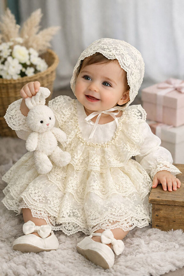 Dizaynbyasena Kız Bebek Dantel Mevlüt Elbisesi Özel Gün Doğum Günü Kıyafeti 0-24 Ay