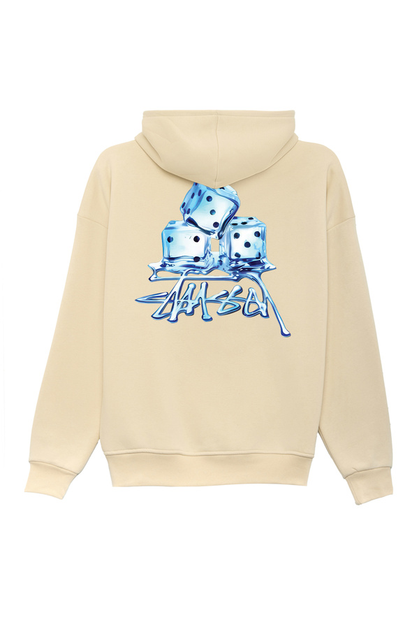 Unisex Stüssy Ice Cube Baskılı Oversize Bol Kesim Pamuklu 3 İplik Şardonlu Bej Kapüşonlu Sweatshirt
