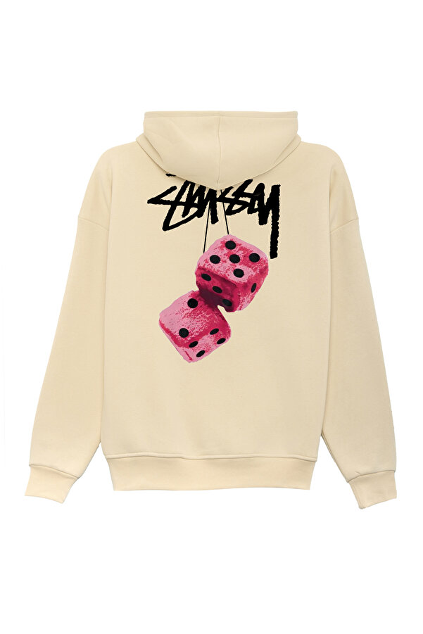 Unisex Stüssy Zar Baskılı Oversize Bol Kesim Pamuklu 3 İplik Şardonlu Bej Kapüşonlu Sweatshirt