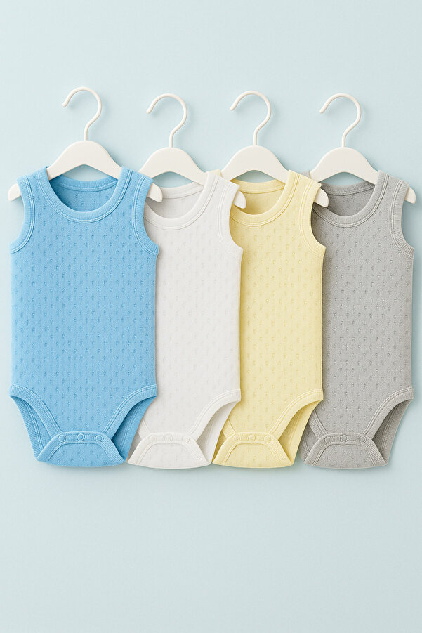 Vivolas Erkek & Kız Bebek 4’lü %100 Pamuk Jakarlı Atlet Body Zıbın Seti 0-4 Yaş