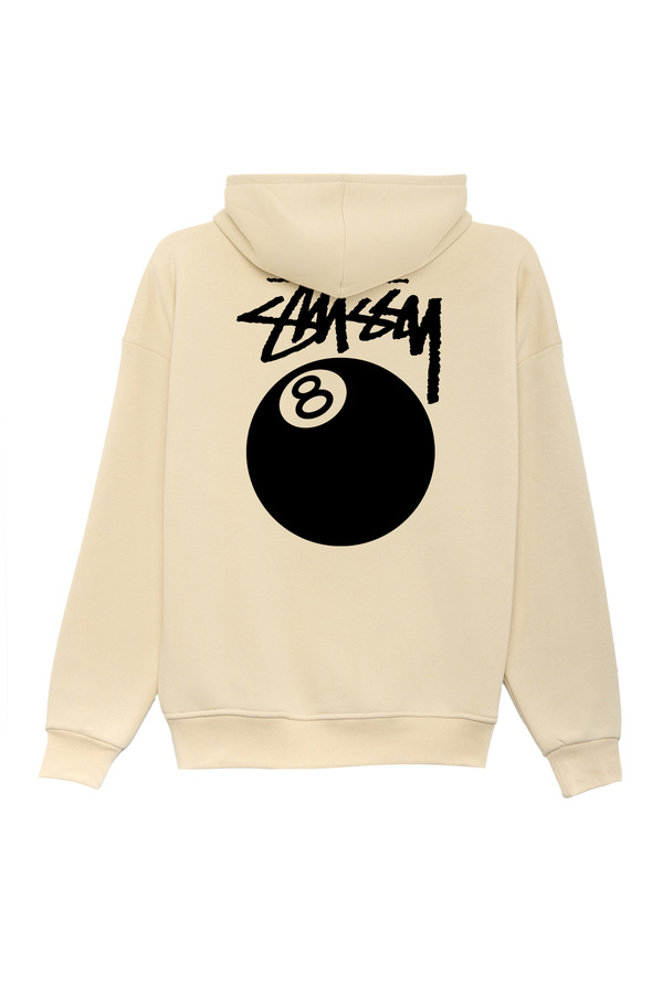 Unisex Stüssy Bilardo Topu Baskılı Oversize Bol Kesim 3 İplik Şardonlu Bej Kapüşonlu Sweatshirt