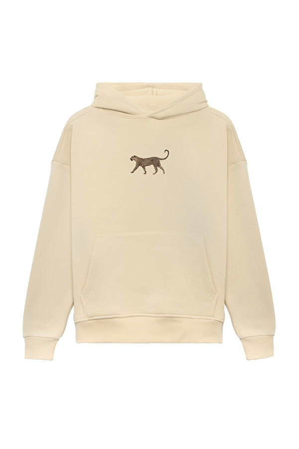 Unisex Leopar Baskılı Oversize Bol Kesim Pamuklu 3 İplik Şardonlu Bej Kapüşonlu Sweatshirt
