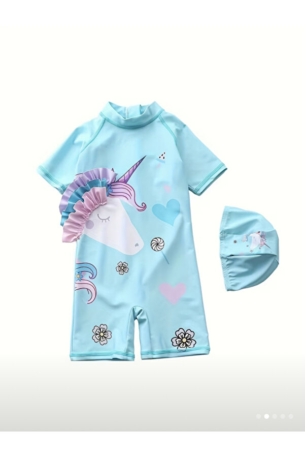 MODA Kız bebek unicorn baskılı kısa kollu tulum mayo, sevimli tasarım ve uyumlu bone seti