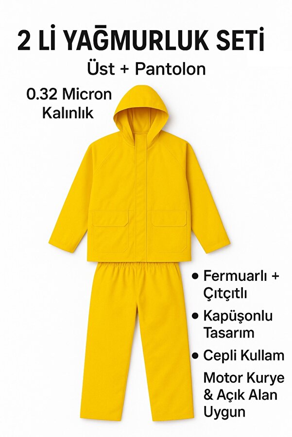 Toptancı Amca Sarı 2’li Yağmurluk Takımı 0.32 Micron Kalın Cepli Kapüşonlu Fermuarlı Çıtçıtlı (Üst+Pantolon)
