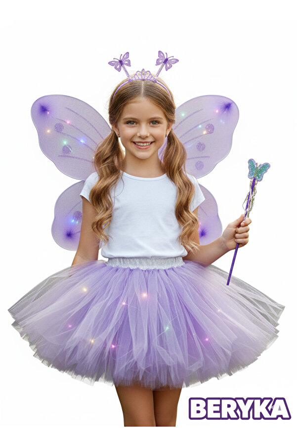 Beryka 2-10 Yaş Kız Çocuk Led Işıklı Kelebek Kanat Peri Kostüm Seti - açık mor