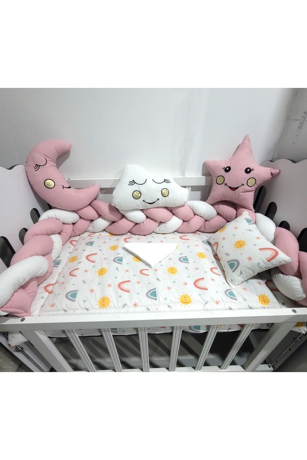 JULYA KİDS 3Lü Örgülü Kenar Koruma Süslü Yastık 7 Parça 60*120 Cm Bebek Beşik Uykuseti