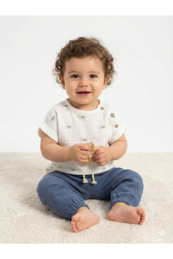 Mini Baray Timsah Desenli Erkek Bebek Body+Şort Takımı 9-12-18 Ay - %100 Pamuk Müslin Yazlık Set