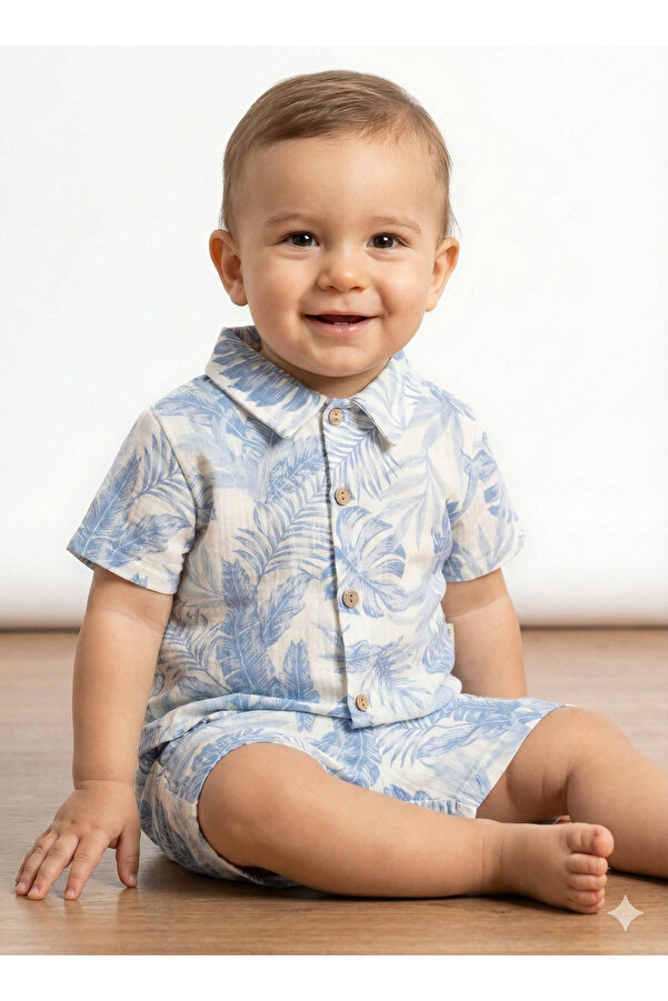 Mini Baray Doğal %100 Pamuk Yaprak Baskılı Şortlu Bebek Yazlık Takım 9-12-18 Ay - Hipoaalerjenik Müslin