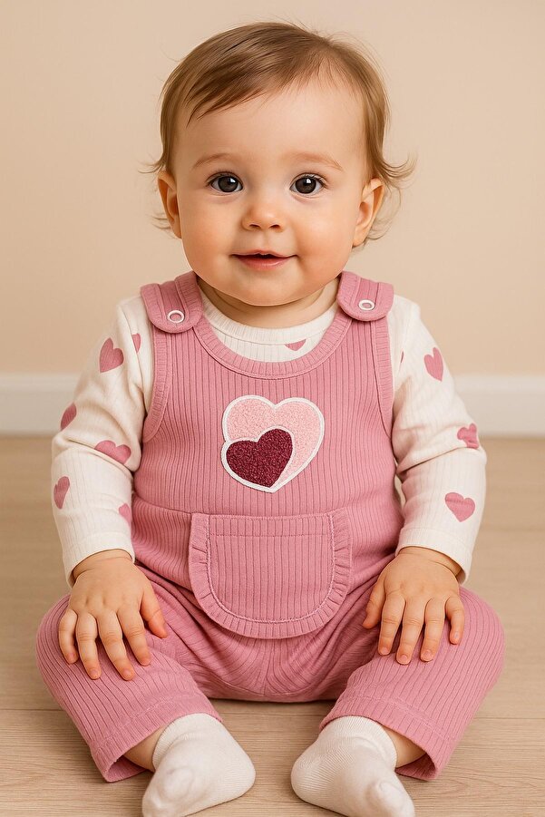 dinamik çocuk Kalp Süzene Nakışlı Fitilli Cepli Kız Bebek 3’lü Tulum Seti – Zıbın, Tulum Ve Çorap |3-6-9Ay