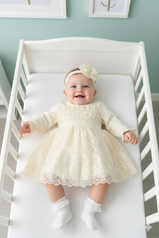 Miniday Baby Kız Bebek Mevlütlük Elbise Bandanalı Dantelli Yeni doğan Hastane çıkışı Gelinlik Abiye Mevlitlik 67-