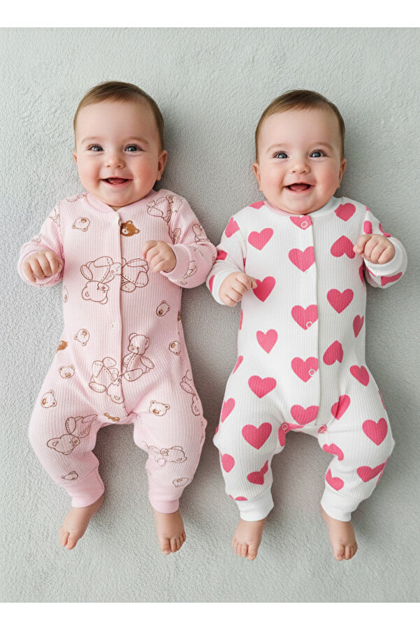 minço bebe Kız Bebek Pembe Kalp Ayıcık Desenli 2'li Pamuklu Patiksiz Tulum Yenidoğan