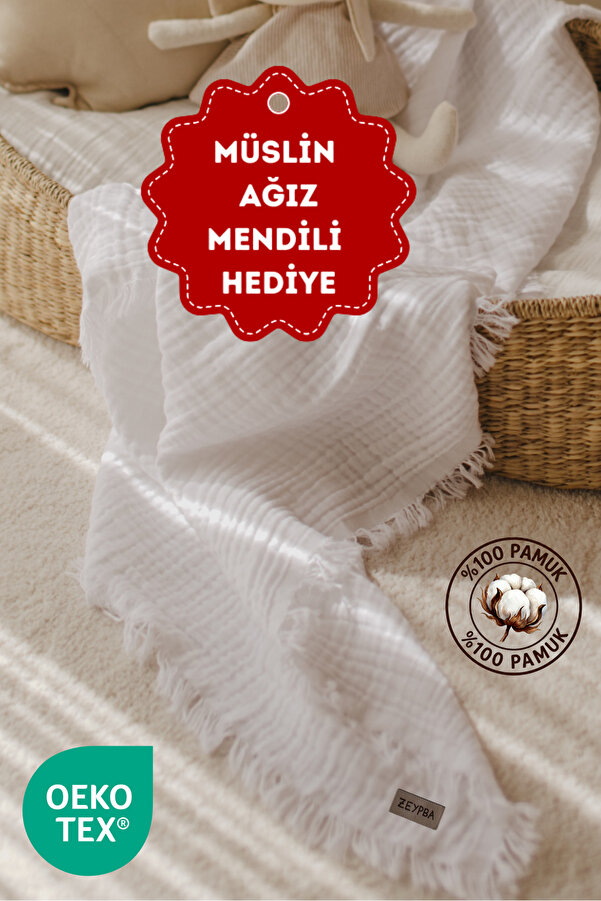 ZEYPBA Beyaz Müslin 4 Katlı Müslin 110x110cm Pamuksu Yumuşaklık / Yeni Seri /110x110cm