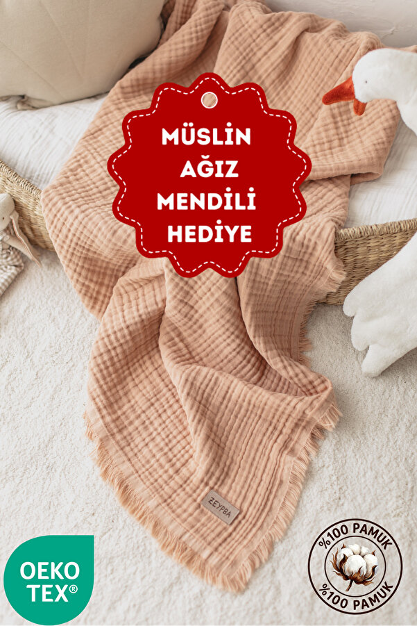 ZEYPBA % 100 Pamuk 4 Katlı Müslin Battaniye Somon (Bebek & Çocuk İçin) 110x110cm