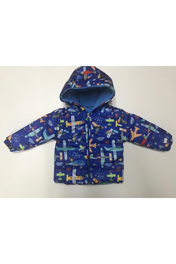 Baby Slon Kids Clup Kışlık fermuarlı kapüşonlu içi polar astarlı uçak desenli su rüzgar geçirmez erkek bebek çocuk mont