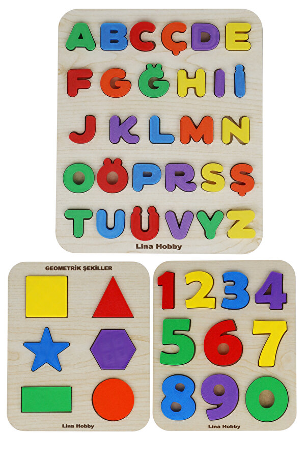 lina hobby Eğitici Puzzle Seti – Türkçe Alfabe + Sayılar + Geometrik Şekiller 3 lü Set | Montessori Öğretici