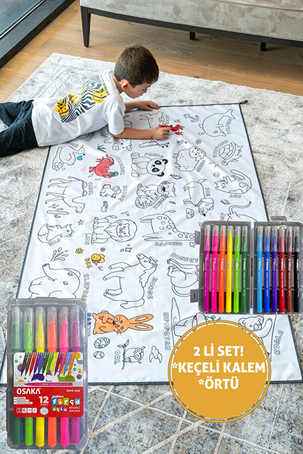 egolika kids Yıkanabilir Tekrar Boyanabilir Boyama Örtüsü + 12'li Boyama Seti Eğitici Oyun Halısı Matı