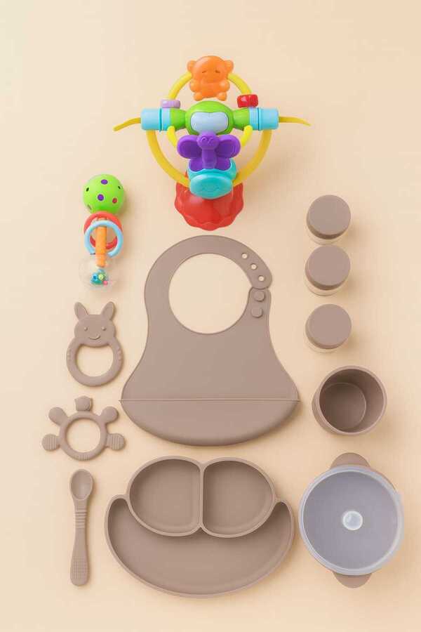 CKM silikon 12 Parça Silikon Mama Seti – Bebek Beslenme Seti Bej